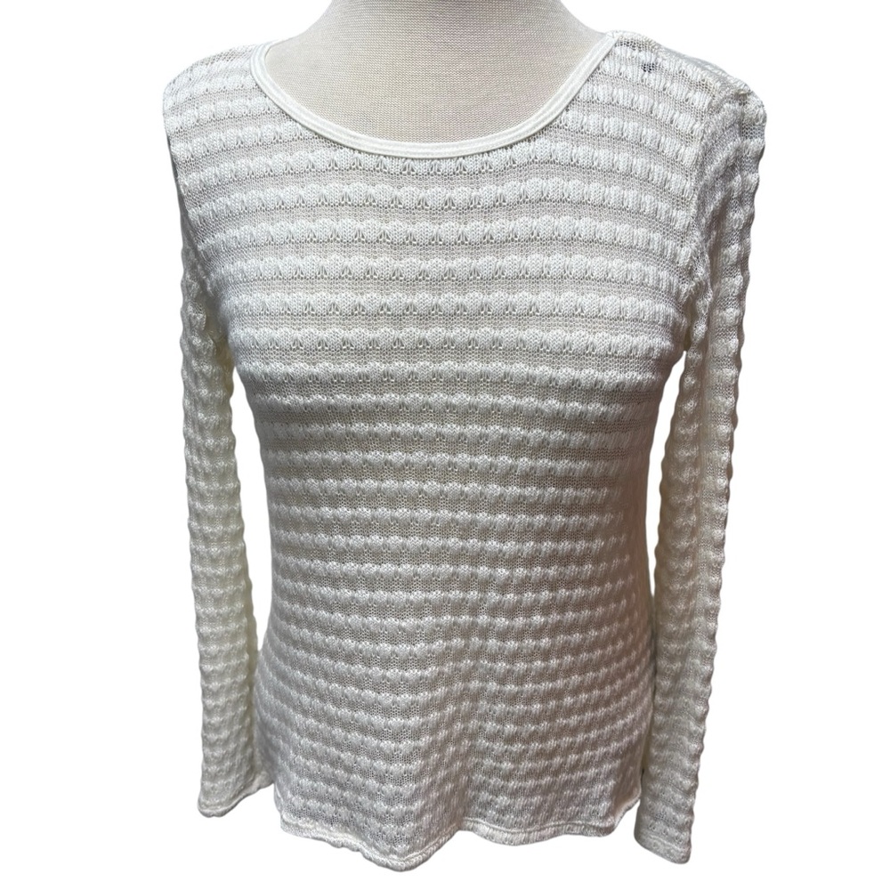 Cream Textured Knit‎ Long Sleeve Top Crew Neck Popcorn Stitch Off White LG #552